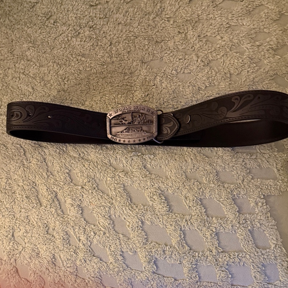 Western Embossed Dark Brown Leather Belt with Silver Military Buckle